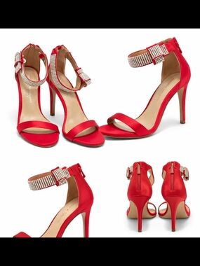 Christian Siriano Red Rhinestone Ankle-Strap Stiletto Heels